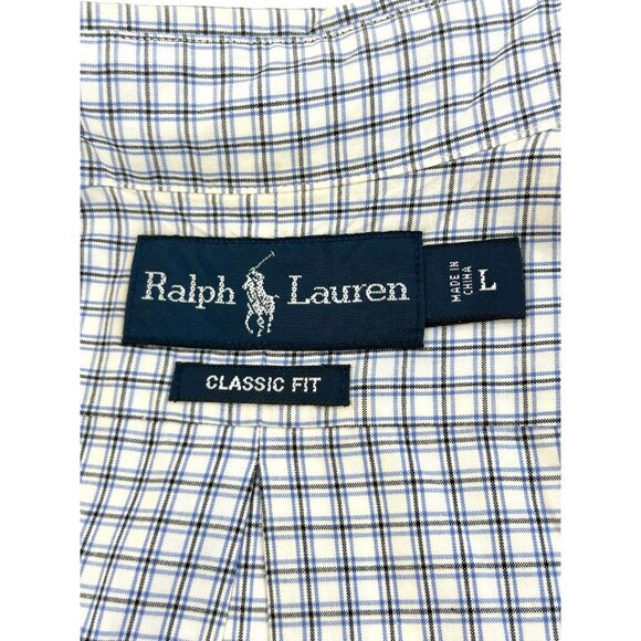 Ralph Lauren Men’s Button Down Shirt L Short Sleeve Plaid White Blue Black Check - Picture 4 of 10